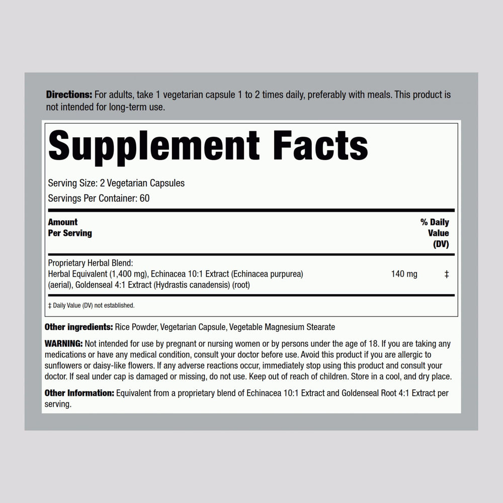 Packaging back with supplement facts for Piping Rock Echinacea Goldenseal
