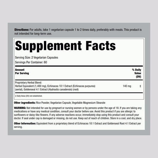 Packaging back with supplement facts for Piping Rock Echinacea Goldenseal