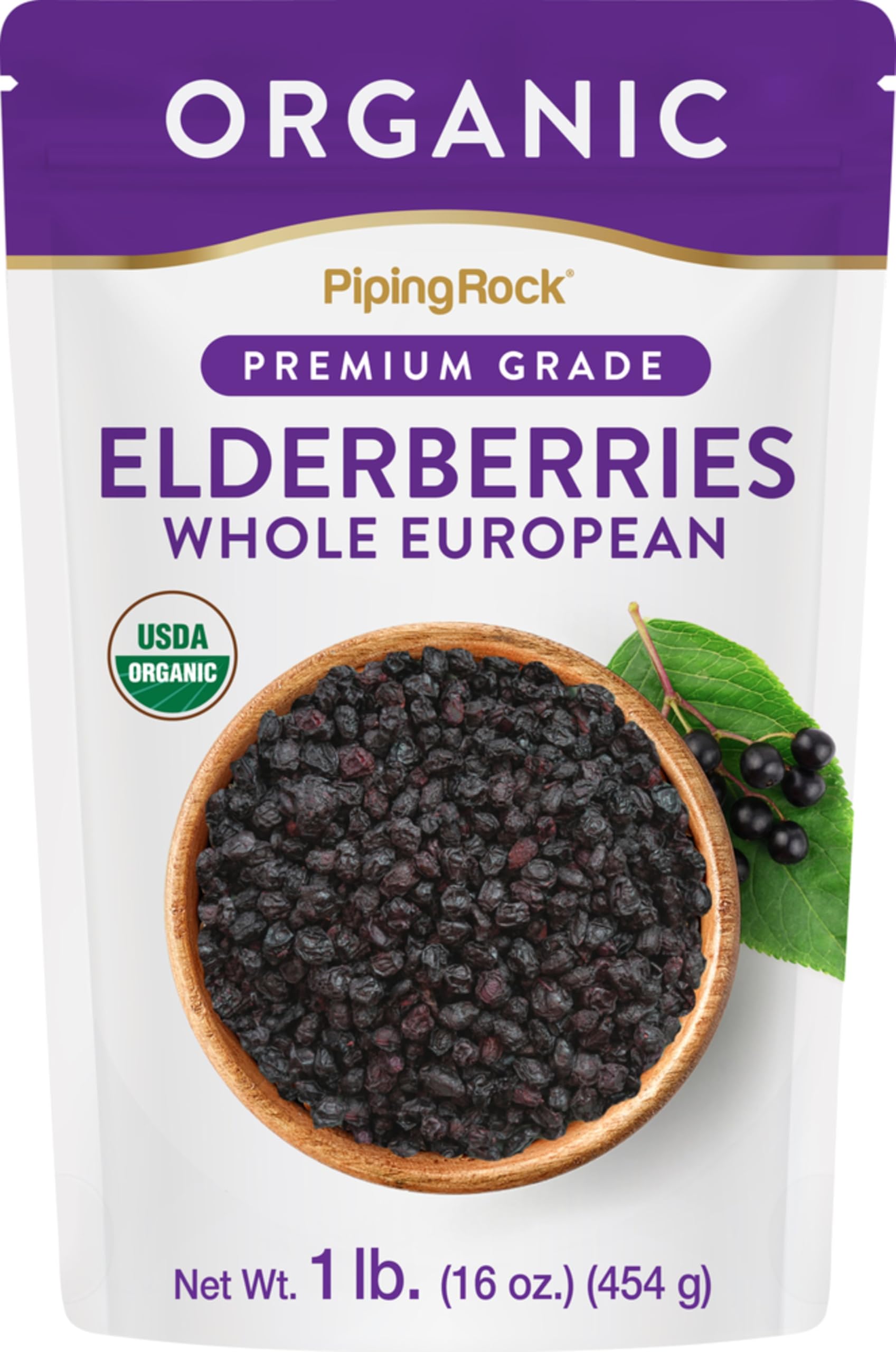 Piping Rock front packaging of 1 lb organic dried elderberries showing product benefits