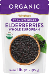 Piping Rock front packaging of 1 lb organic dried elderberries showing product benefits