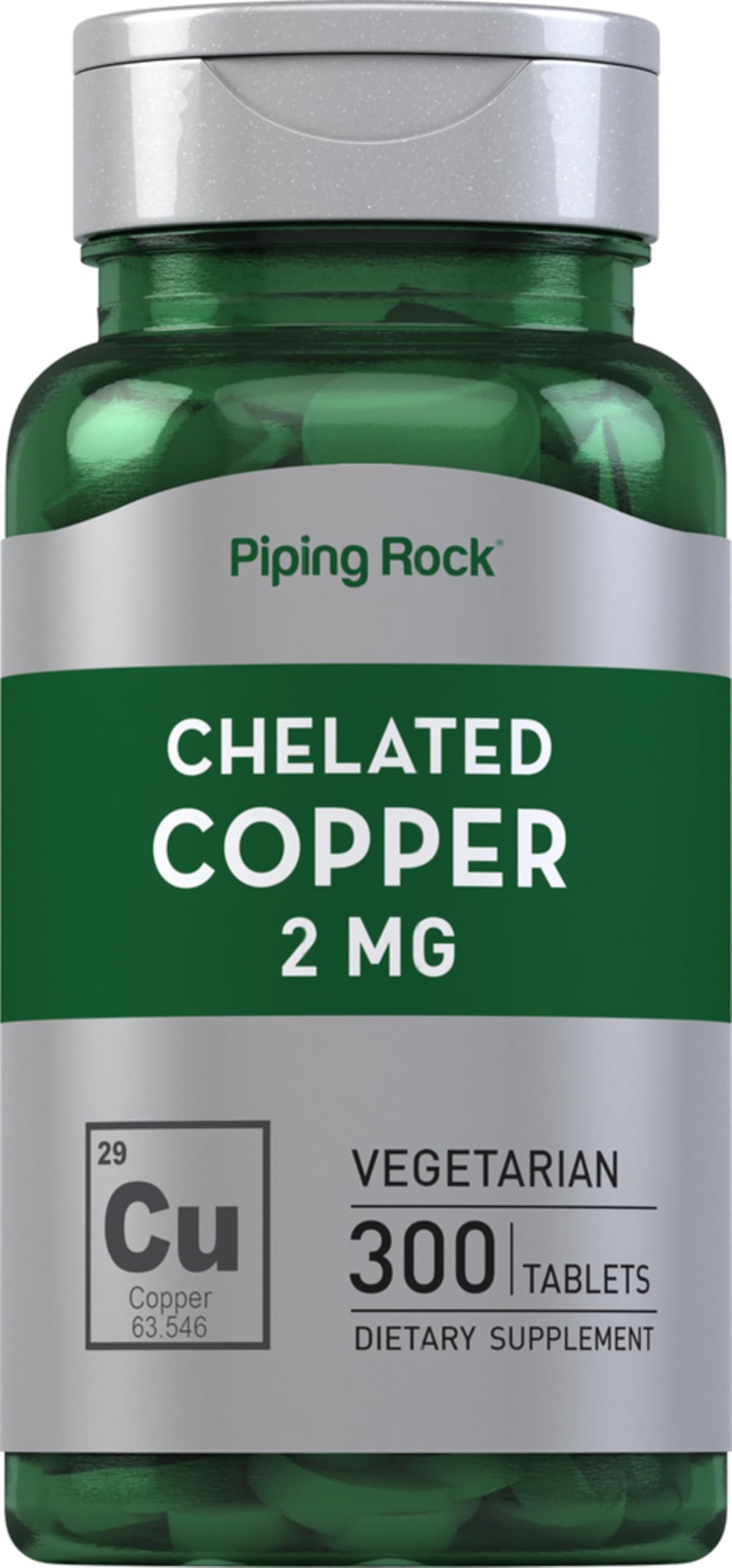 Piping Rock front bottle showing 300-tablet copper supplement and clear labeling for value
