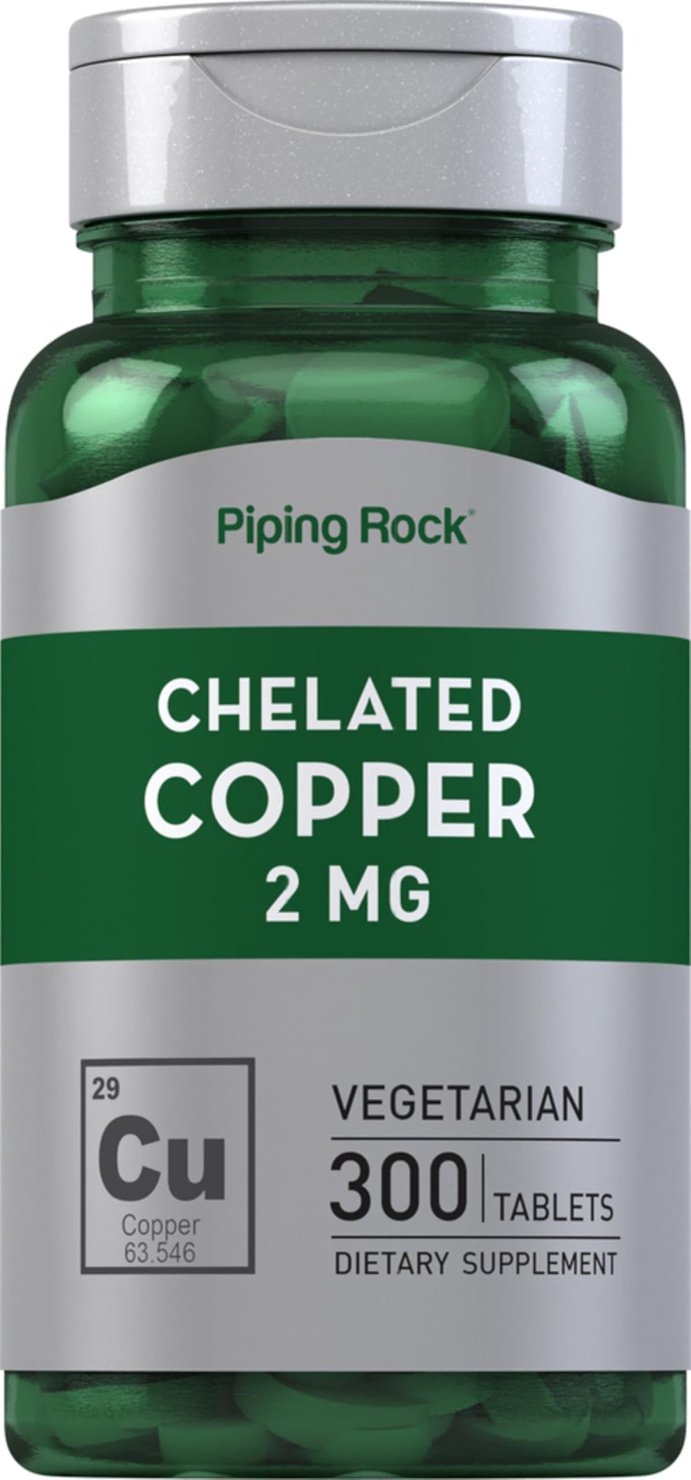 Piping Rock front bottle showing 300-tablet copper supplement and clear labeling for value