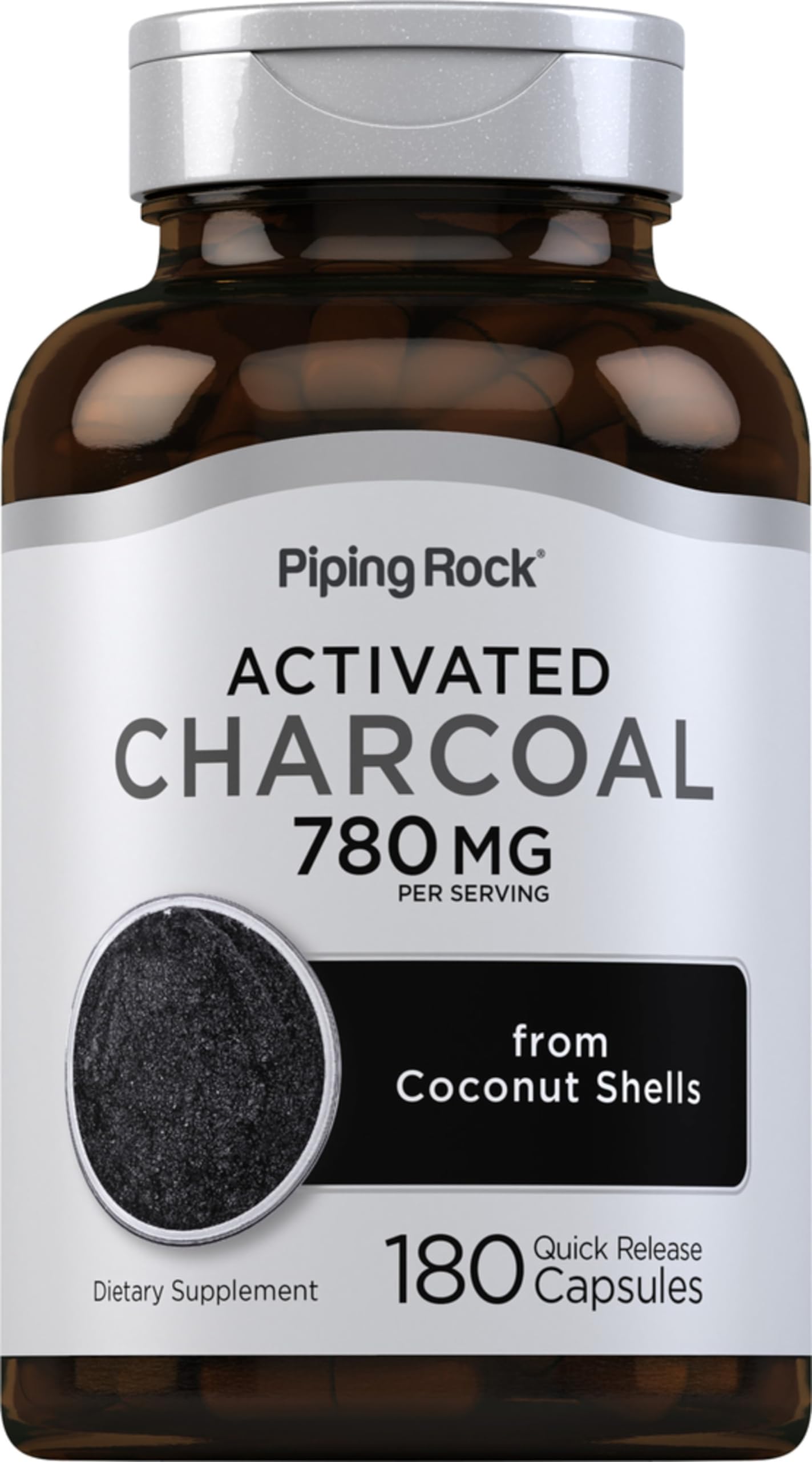 Piping Rock front label showing 780mg charcoal capsules and clear benefit