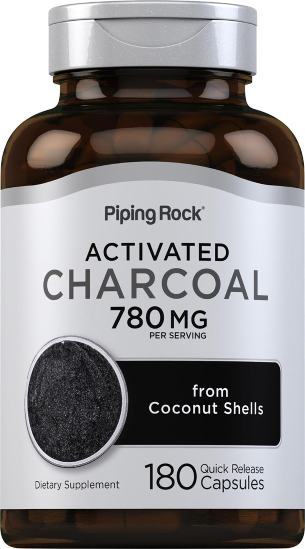 Piping Rock front label showing 780mg charcoal capsules and clear benefit