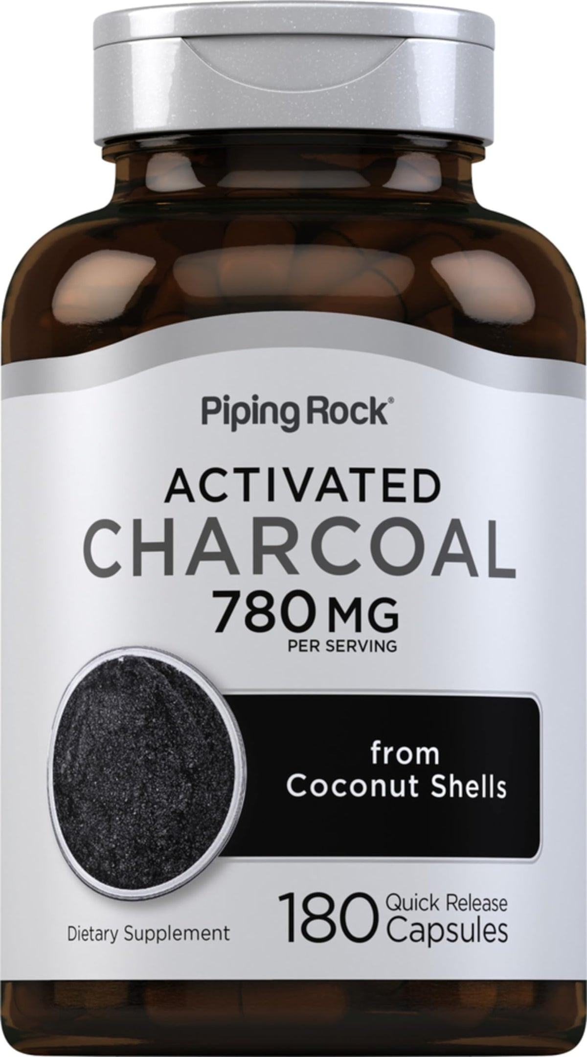 Piping Rock front label showing 780mg charcoal capsules and clear benefit