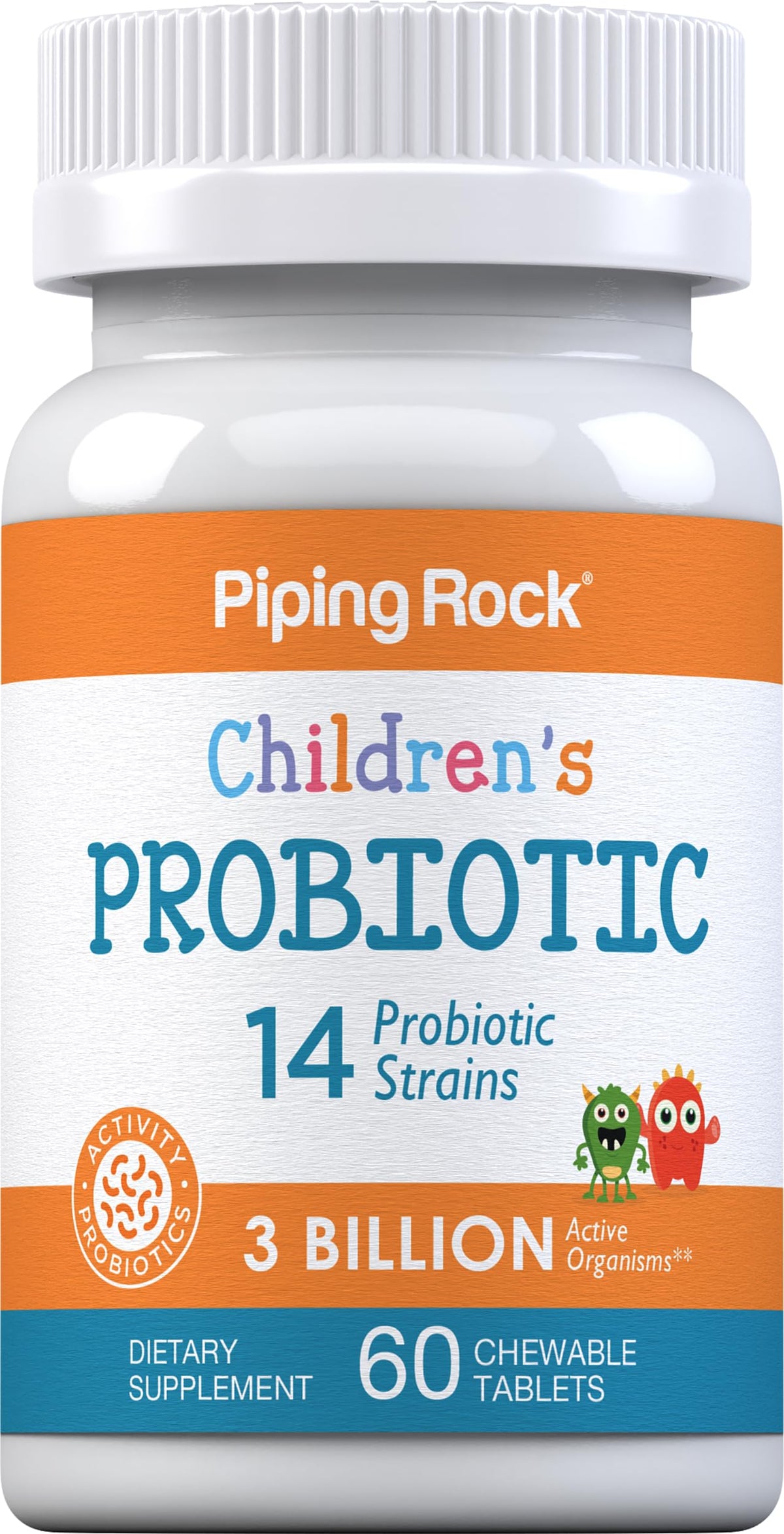 Piping Rock front packaging view showing child-friendly probiotic benefits