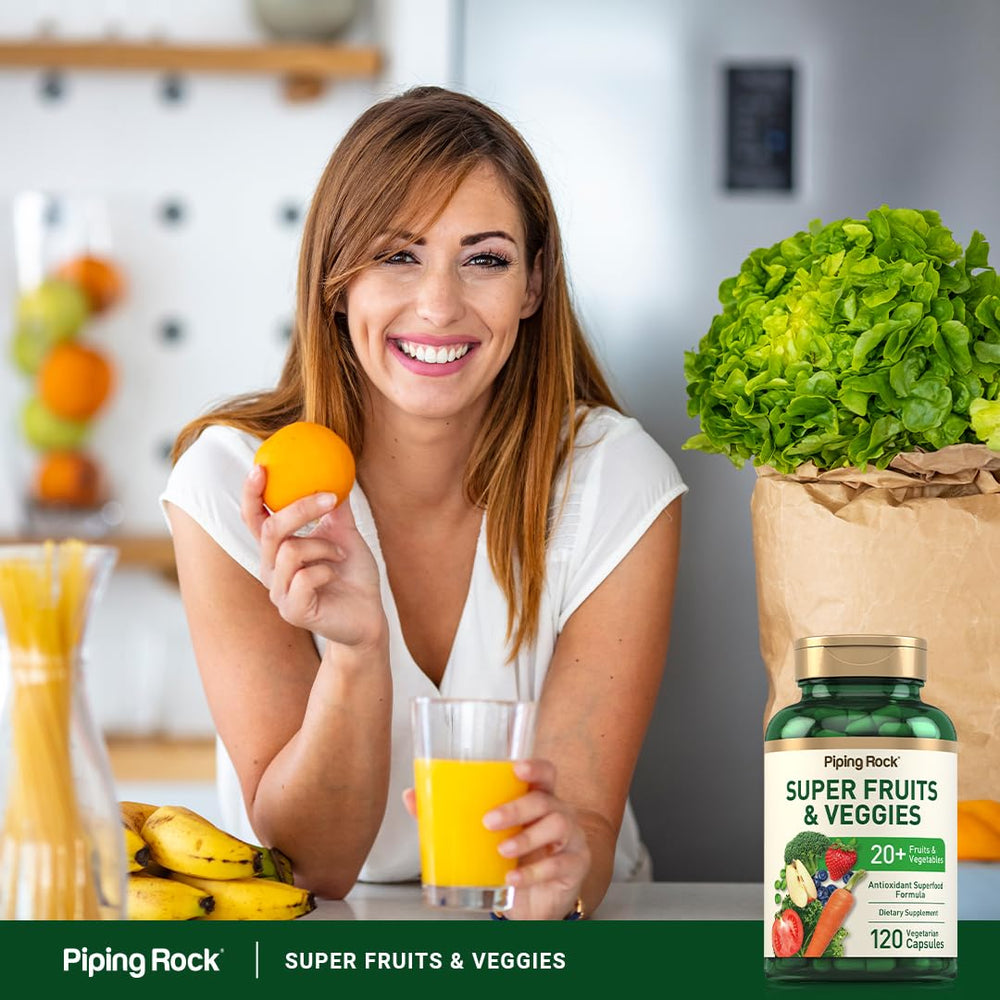 Piping Rock bottle on breakfast table with produce, convenient supplement benefit