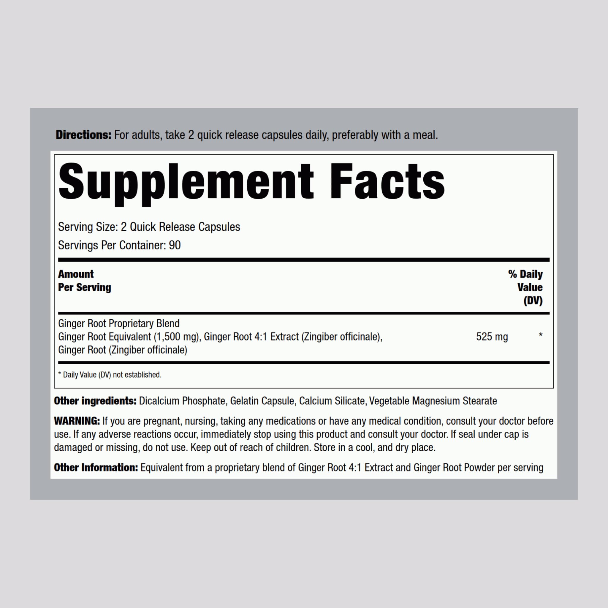Back label of Piping Rock Ginger Root Capsules