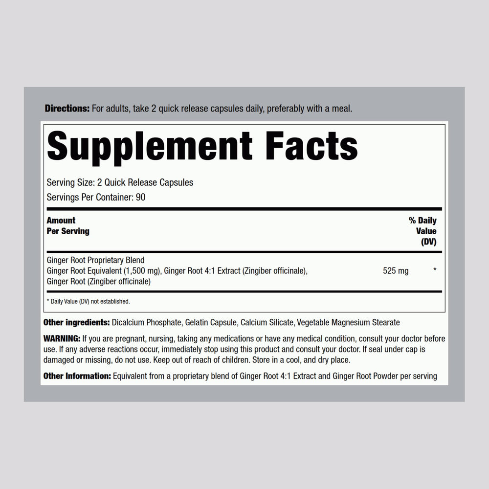 Back label of Piping Rock Ginger Root Capsules