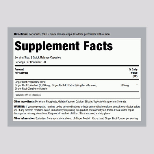 Back label of Piping Rock Ginger Root Capsules