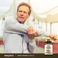 Piping Rock bottle next to morning coffee suggesting easy daily supplement routine