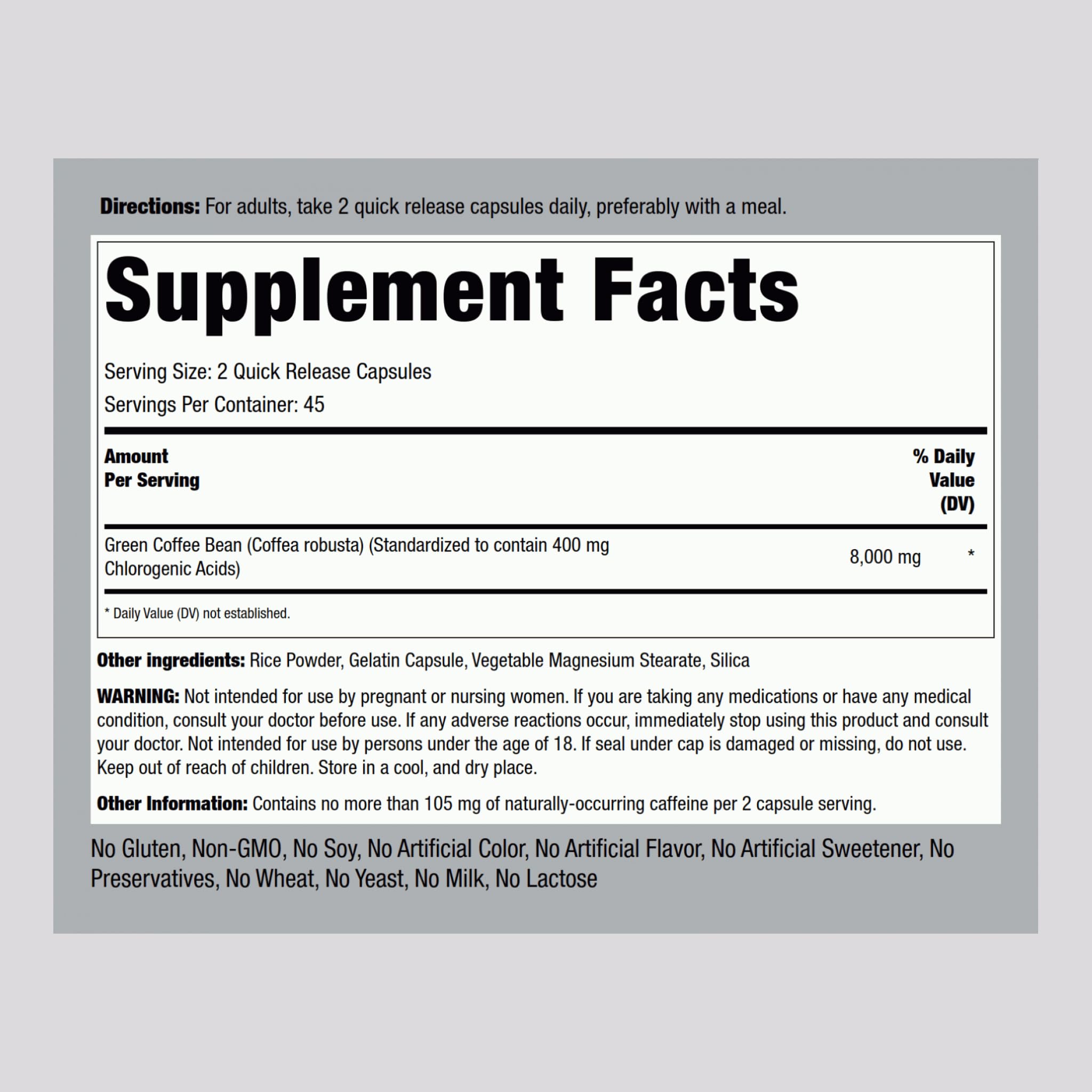 Front view of Piping Rock Green Coffee Bean Extract bottle