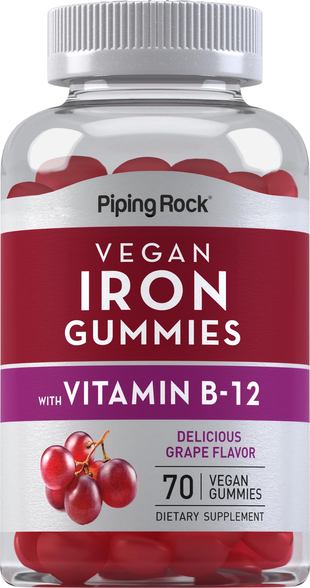 Piping Rock bottle front view showing grape-flavored vegan iron gummies and label benefits