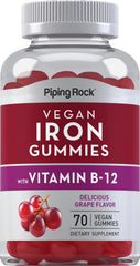 Piping Rock bottle front view showing grape-flavored vegan iron gummies and label benefits