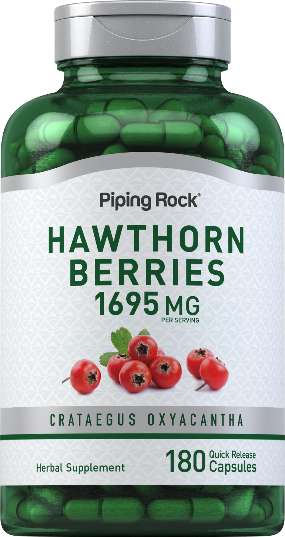 Piping Rock hawthorn bottle front view showing label and 180 capsules benefit convenience