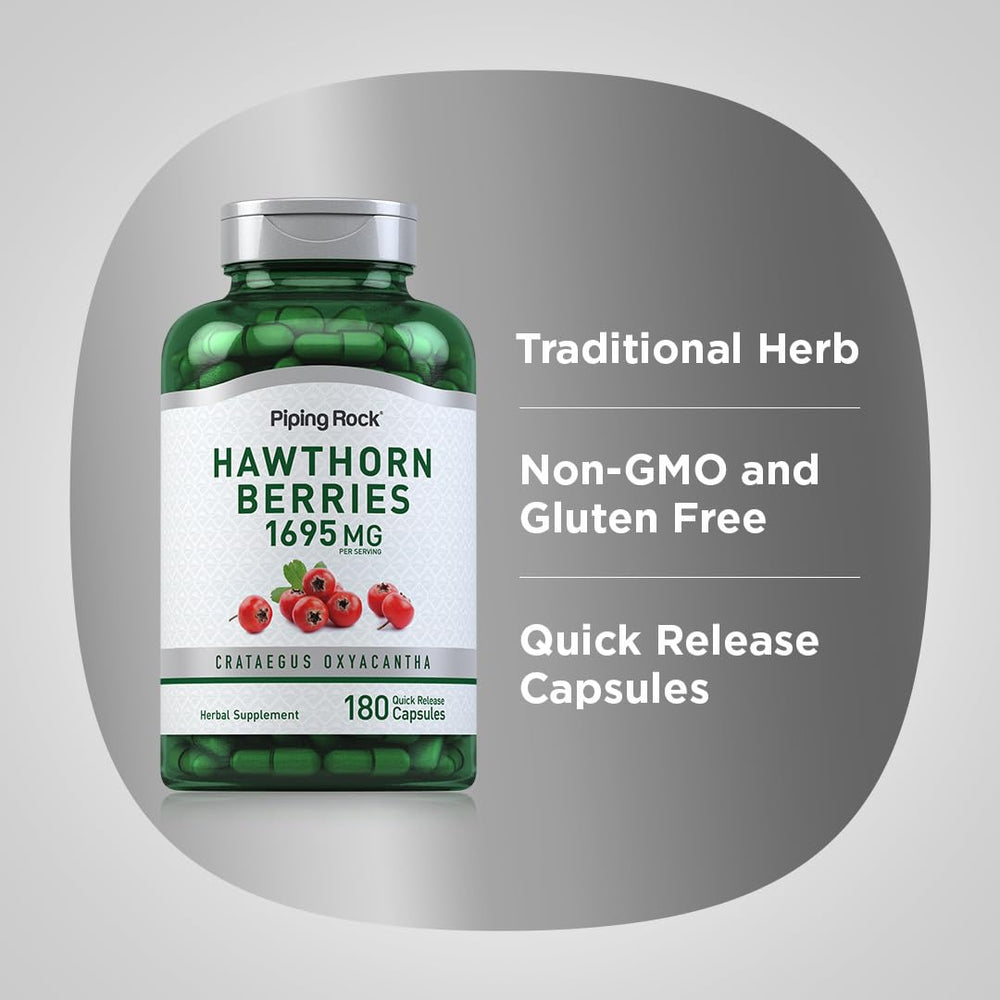 Piping Rock hawthorn bottle in hand to show size and long‑lasting 180‑capsule benefit