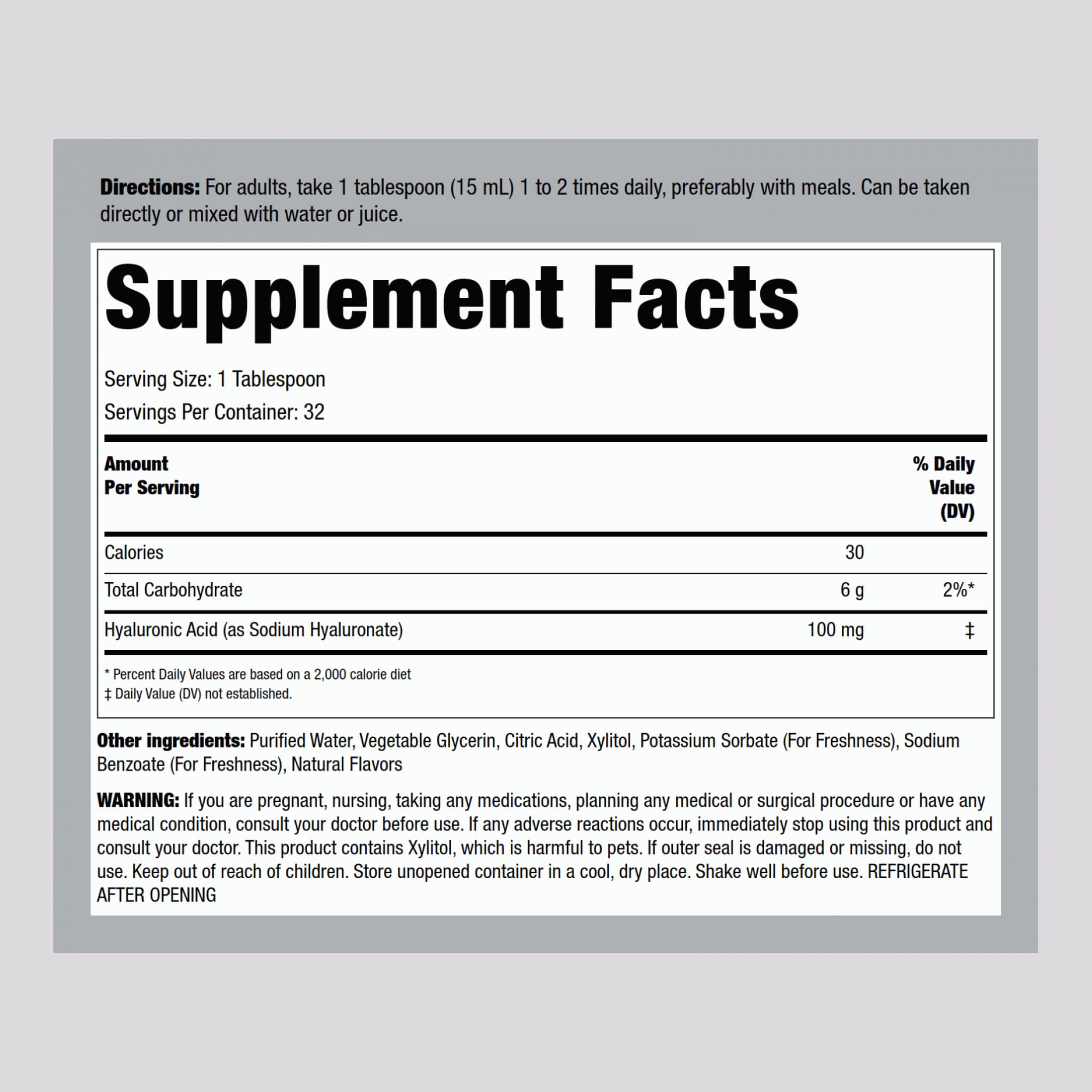 Berry flavored Hyaluronic Acid supplement label close-up