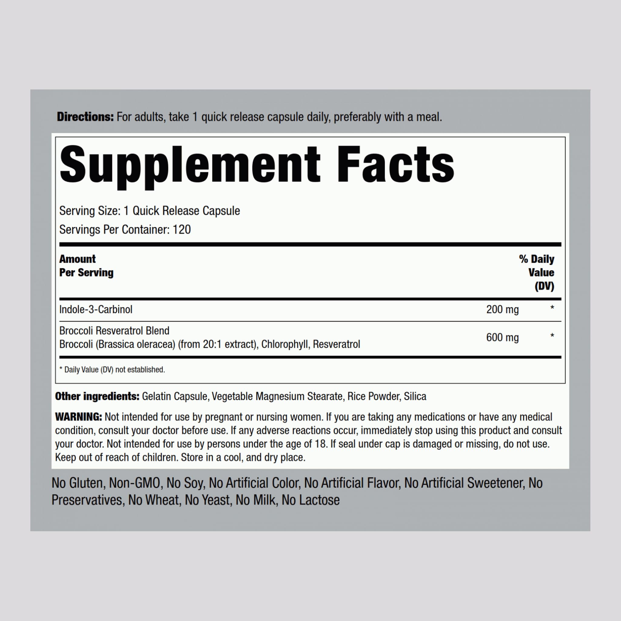 Piping Rock Indole-3-Carbinol 200mg bottle side view