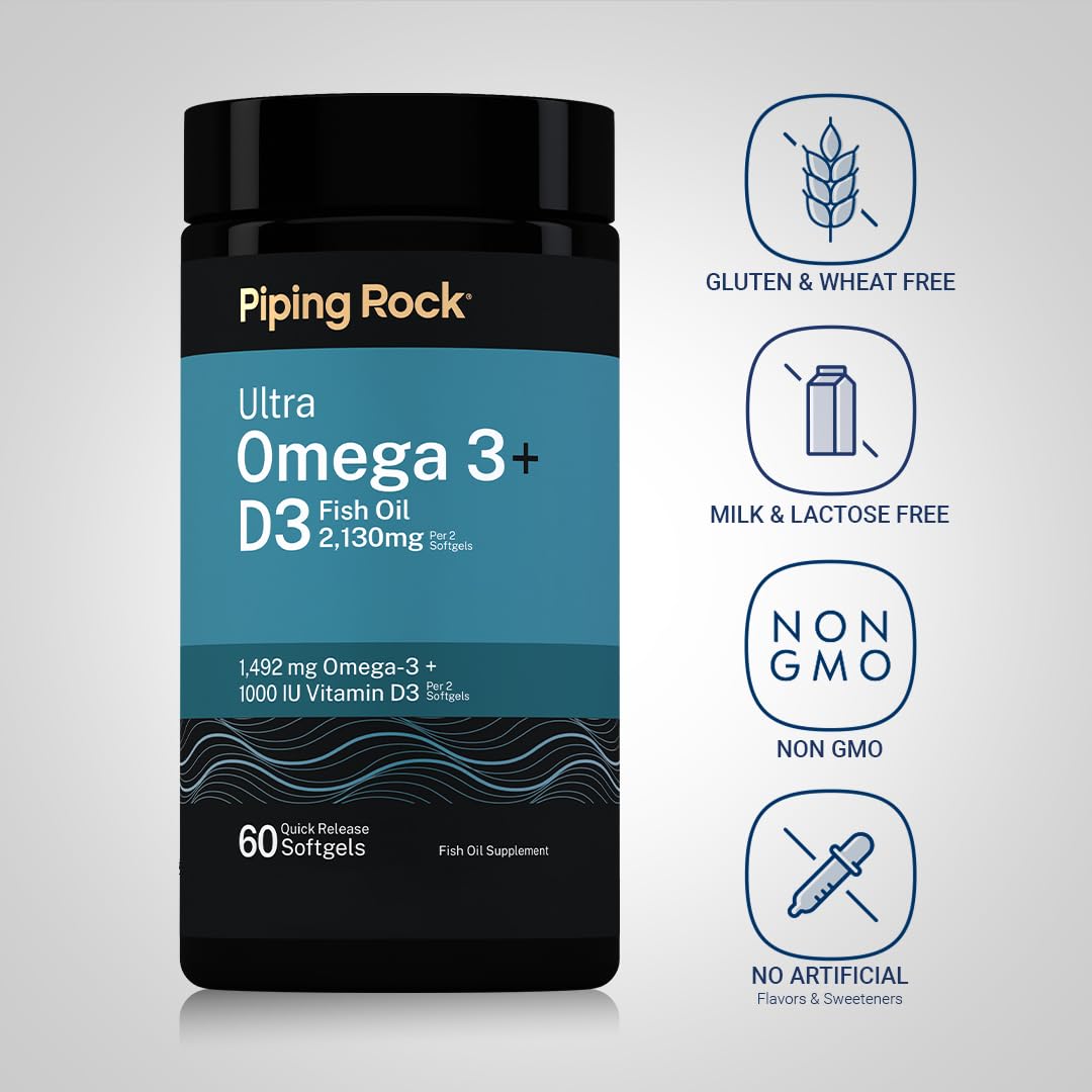 Piping Rock ingredients label showing EPA, DHA and 1,000 IU vitamin D3