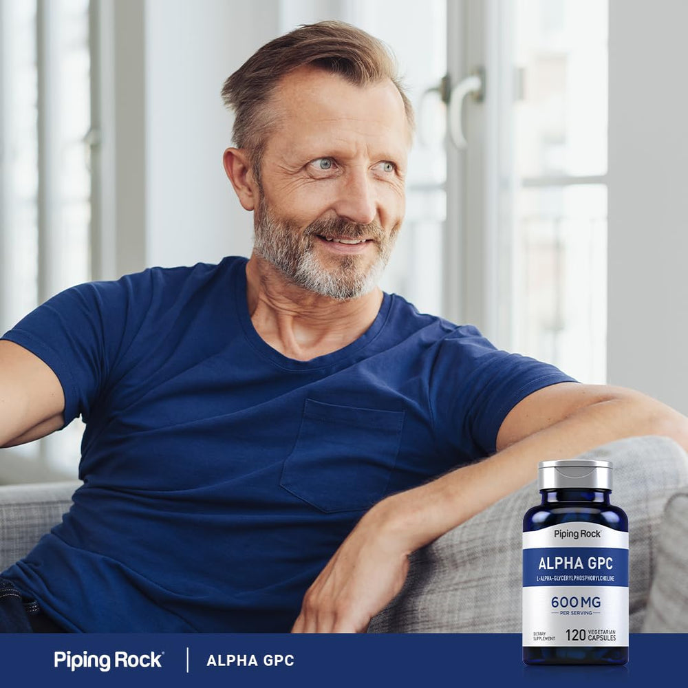 Piping Rock ingredients label close-up showing 600 mg Alpha GPC per capsule clarity