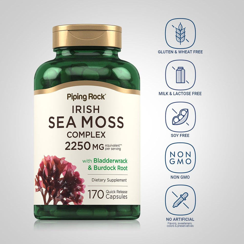 Piping Rock ingredients flatlay with sea moss, bladderwrack, burdock root