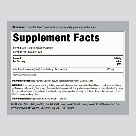 Close-up of Kale Extract capsules showing 800mg per serving