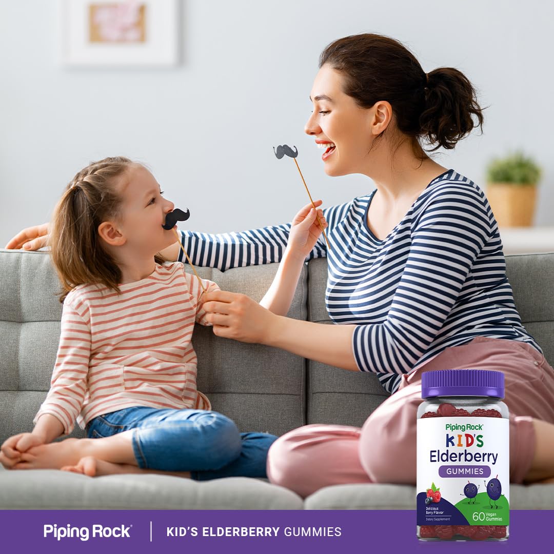 Parent and child in kitchen with Piping Rock gummies for routine