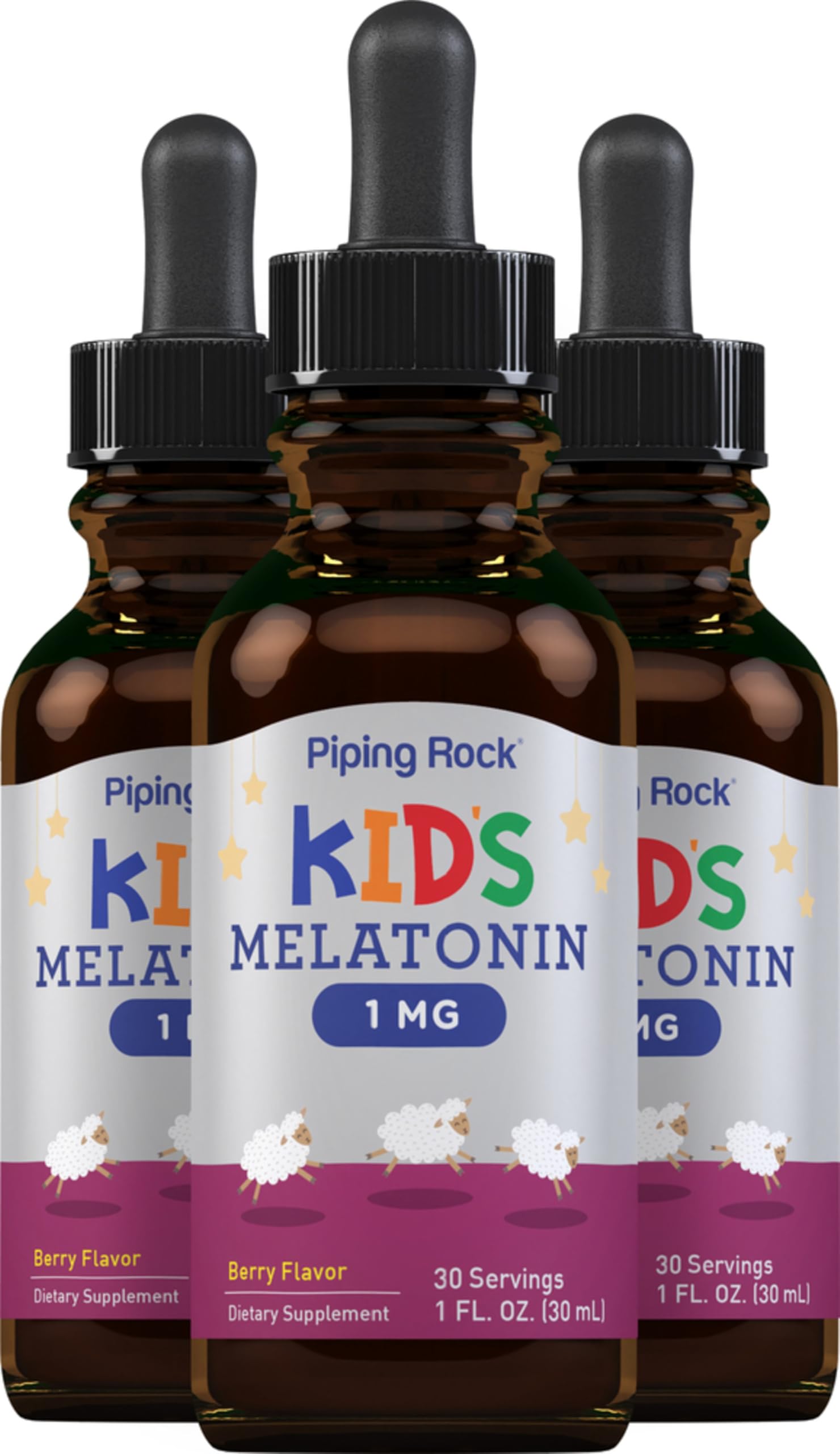 Piping Rock Kids Melatonin Liquid berry bottle front view for kid-friendly sleep