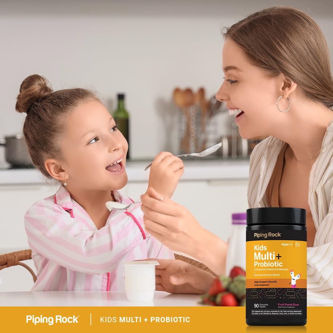Child and parent with Piping Rock bottle in kitchen showing convenient family use