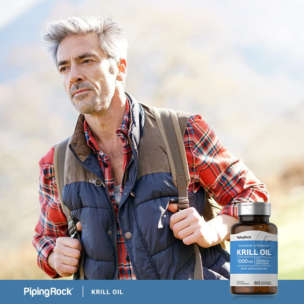 Piping Rock krill oil label close-up listing phospholipid omega-3 and astaxanthin advantage