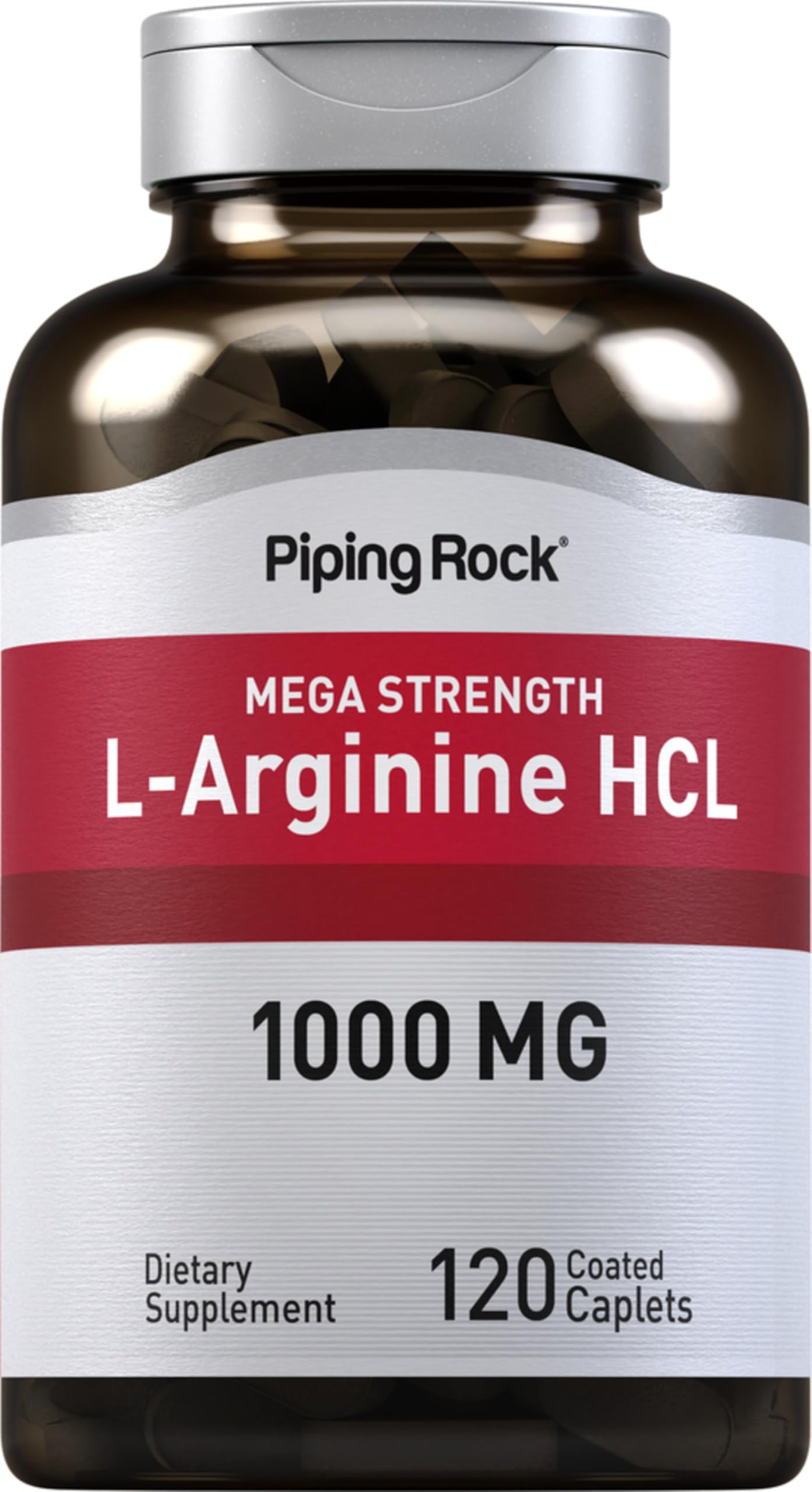 Piping Rock bottle front view showing caplets and label benefits