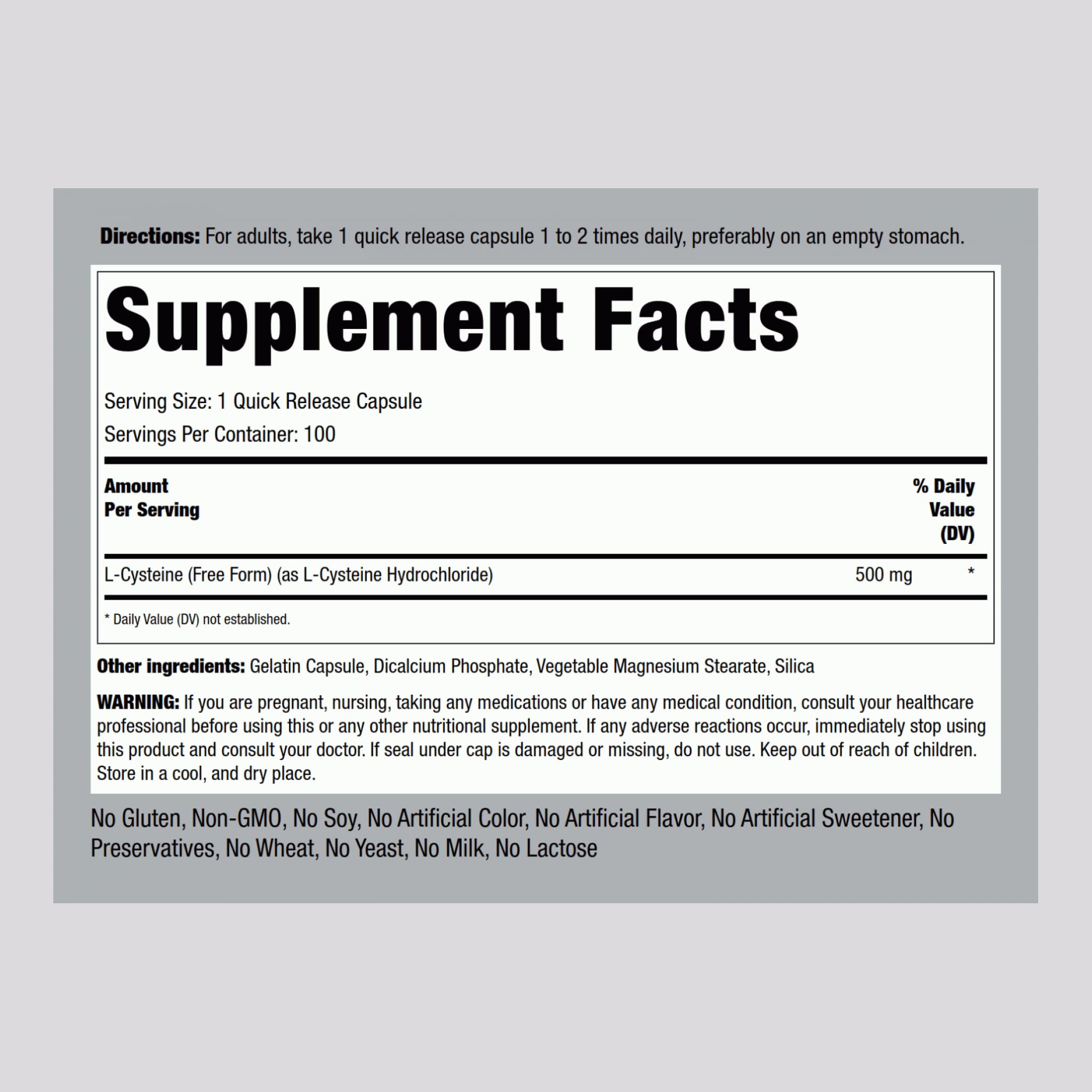 Close-up of L-Cysteine 500 mg quick-release capsules