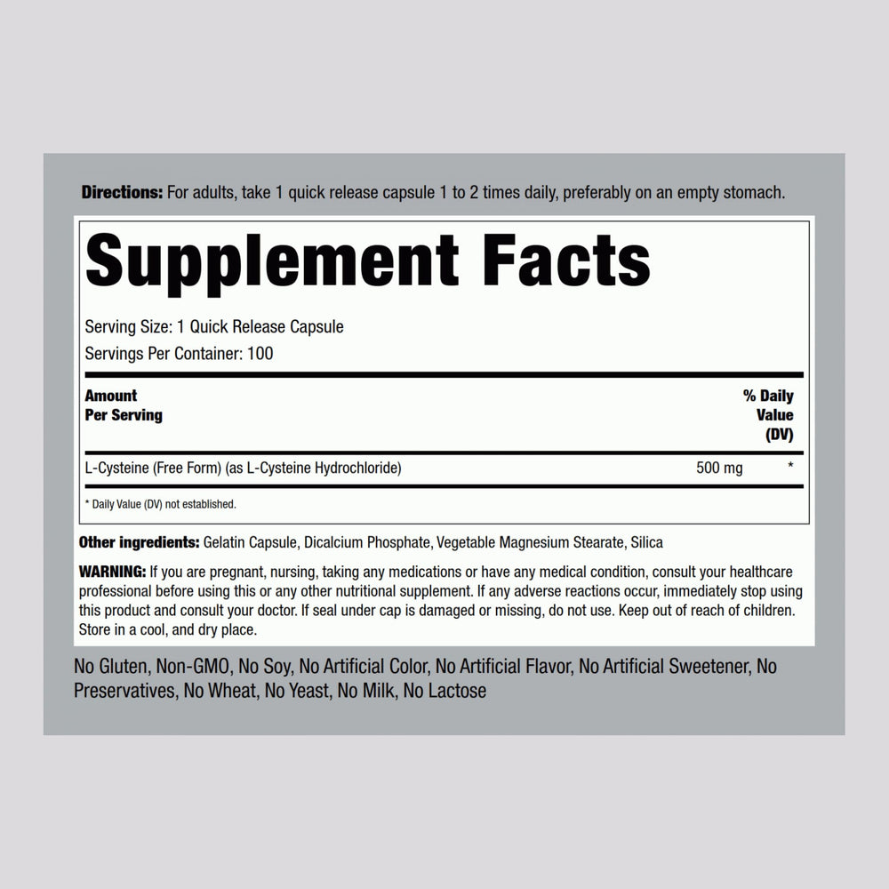 Close-up of L-Cysteine 500 mg quick-release capsules