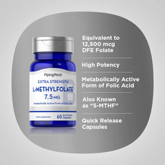 open bottle of Piping Rock L-Methylfolate with capsules visible for easy dosing reference