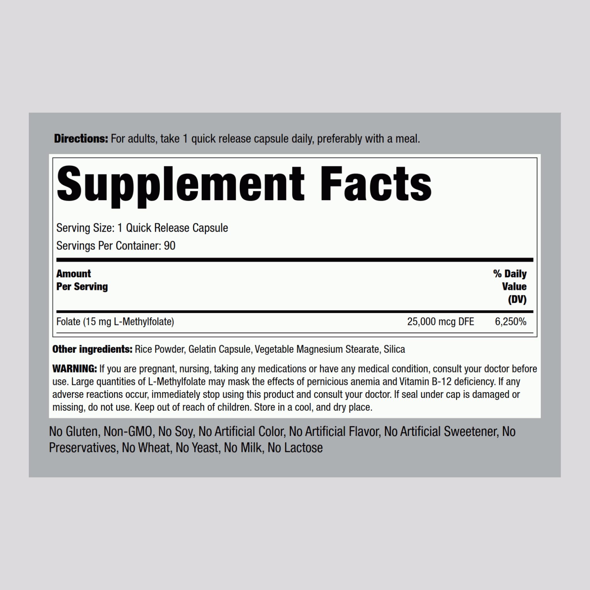 Piping Rock supplement facts closeup highlighting 15 mg L‑methylfolate per capsule