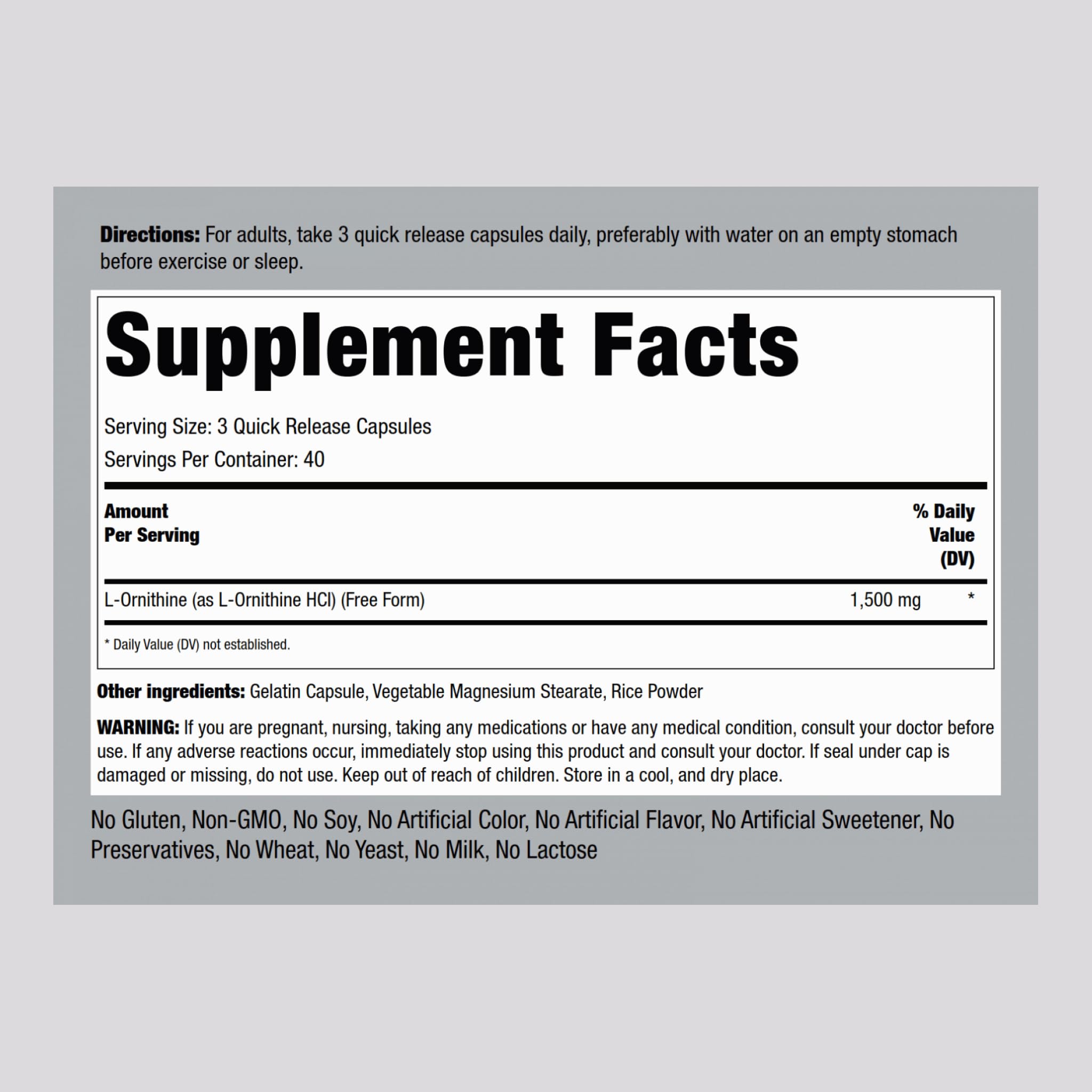 L-Ornithine supplement bottle label showing 1500 mg per capsule