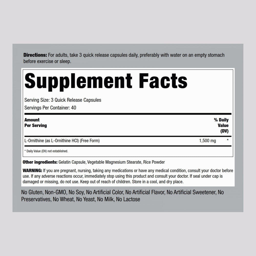 L-Ornithine supplement bottle label showing 1500 mg per capsule