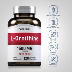 Close-up of L-Ornithine capsules (1500 mg) in bottle