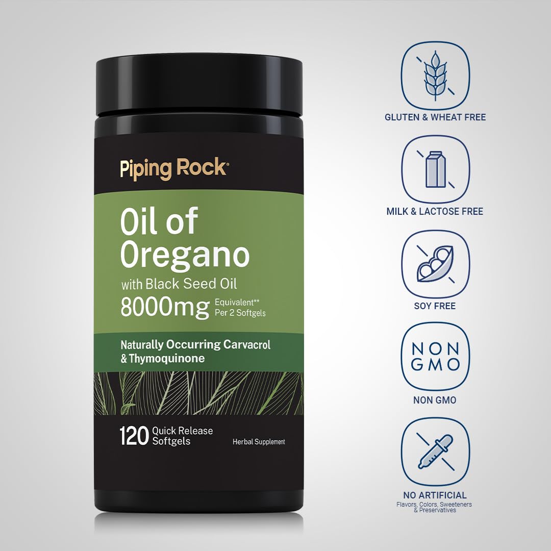 Piping Rock ingredient label close-up showing oregano and black seed oils