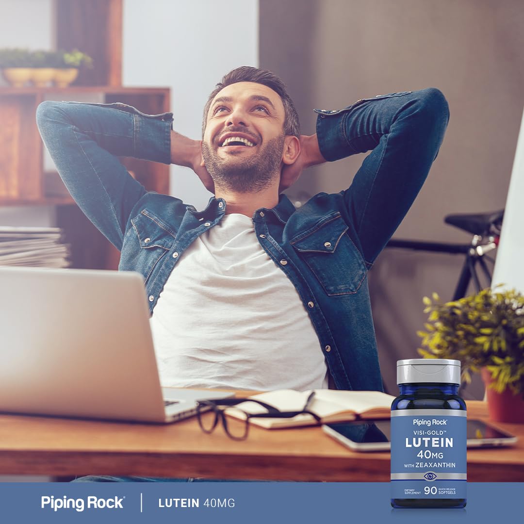 Piping Rock supplement on desk near reading glasses, supports daily eye comfort