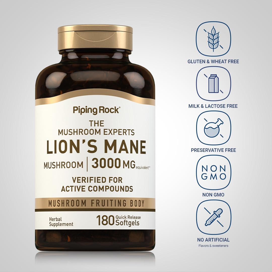 Piping Rock softgels poured beside bottle to show 180-count scale and value