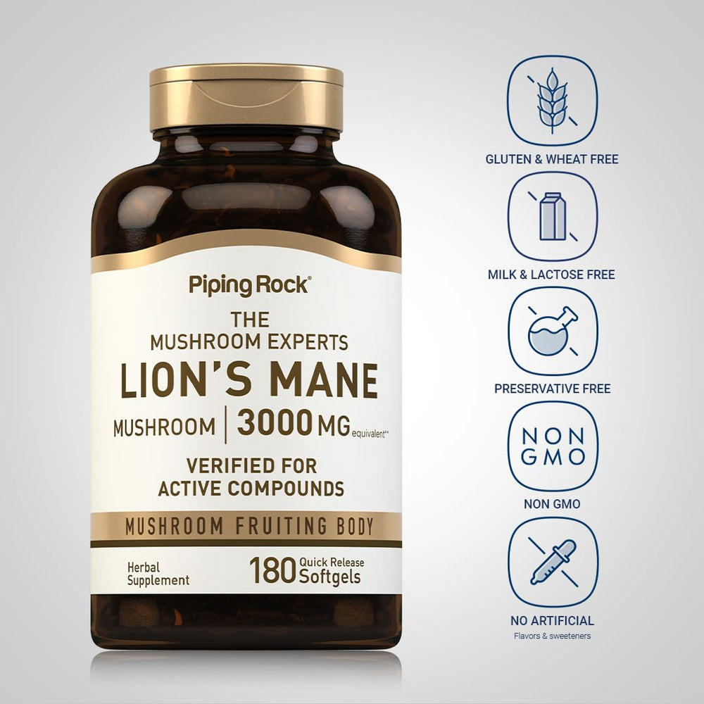 Piping Rock softgels poured beside bottle to show 180-count scale and value