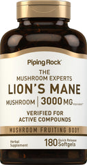 Piping Rock bottle front label showing lion's mane 180 softgels and brand