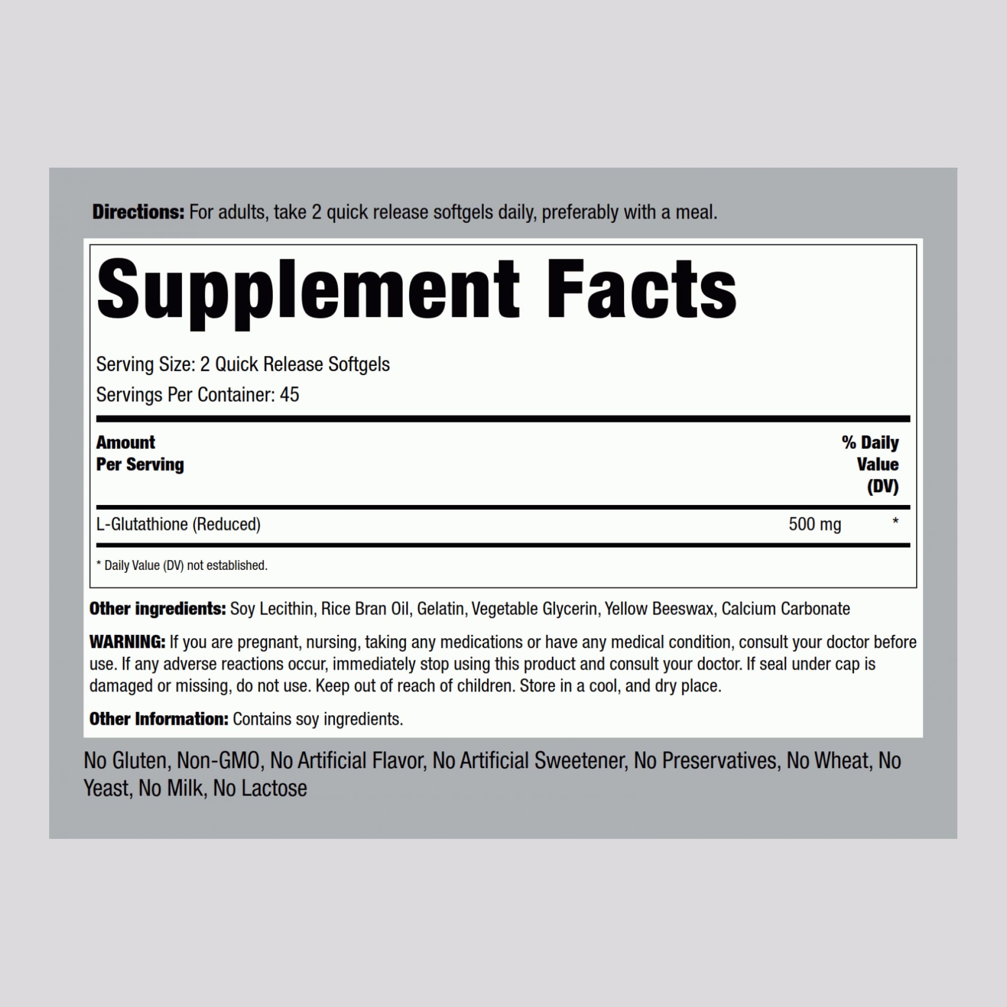Bottle label showing Reduced Form Glutathione