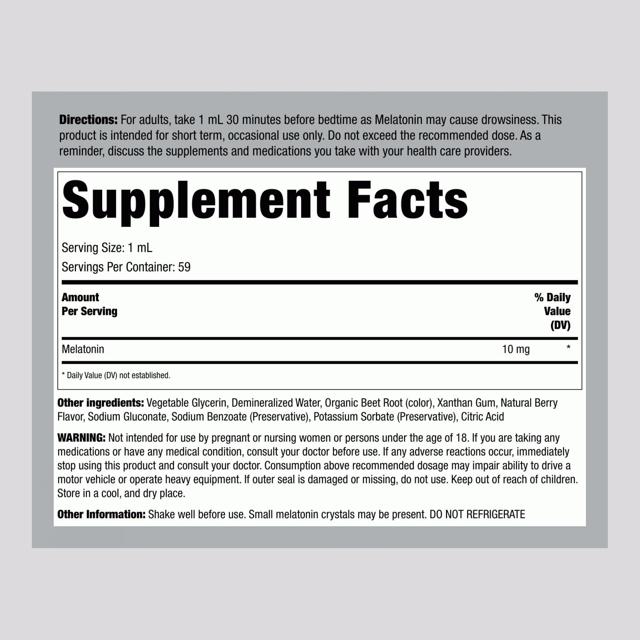 Piping Rock Liquid Melatonin 10mg berry flavor bottle label close up