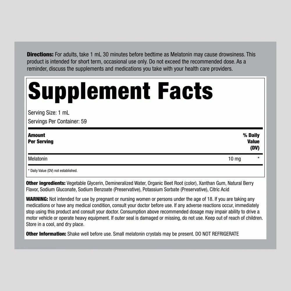 Piping Rock Liquid Melatonin 10mg berry flavor bottle label close up