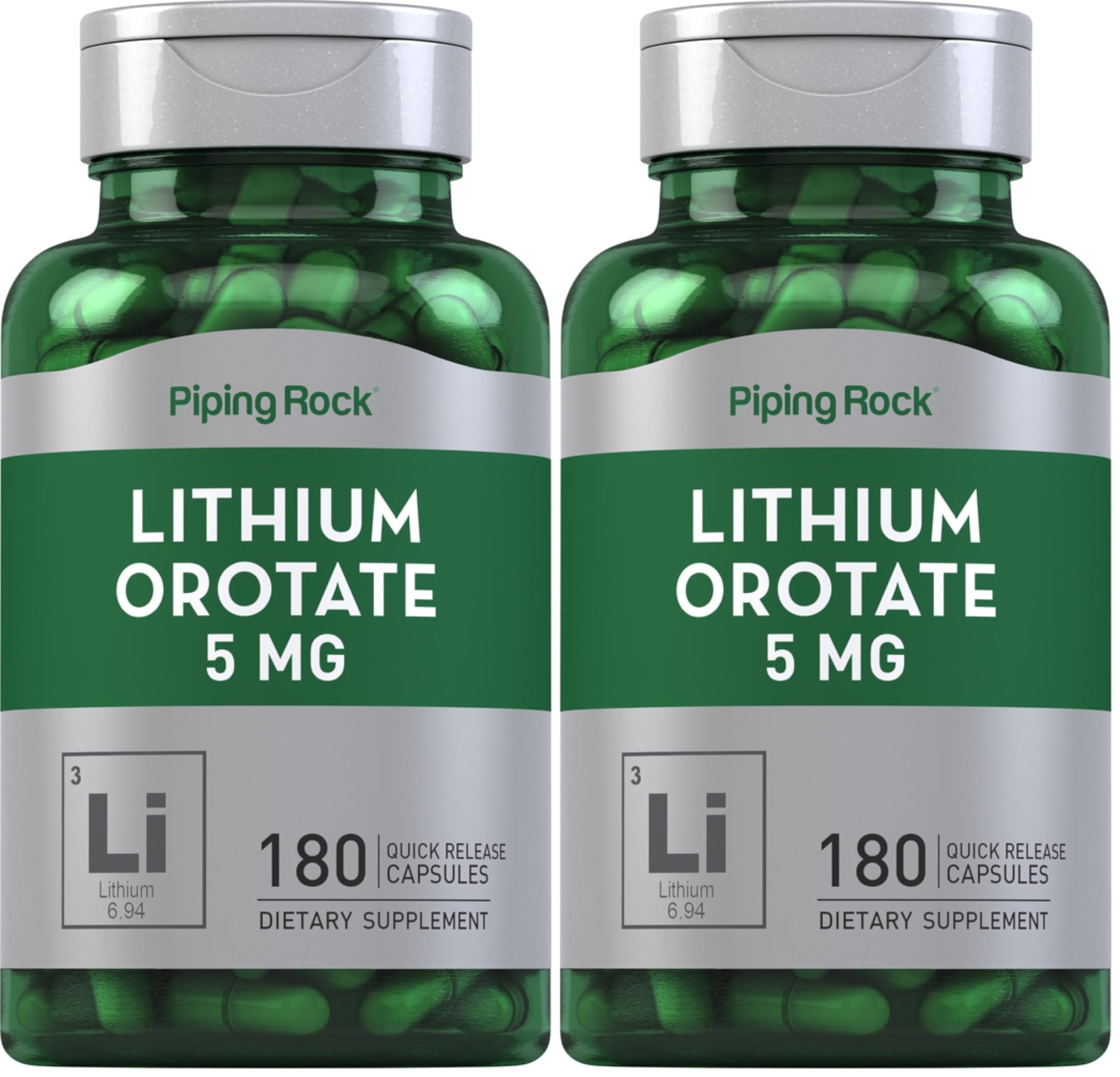 Front view of Piping Rock Lithium Ootate 5 mg bottle - 180 capsules, pack of 2