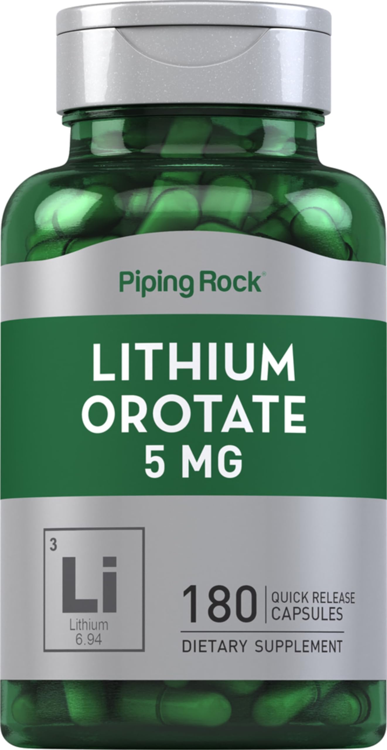 Piping Rock Lithium Orotate supplement bottle and label