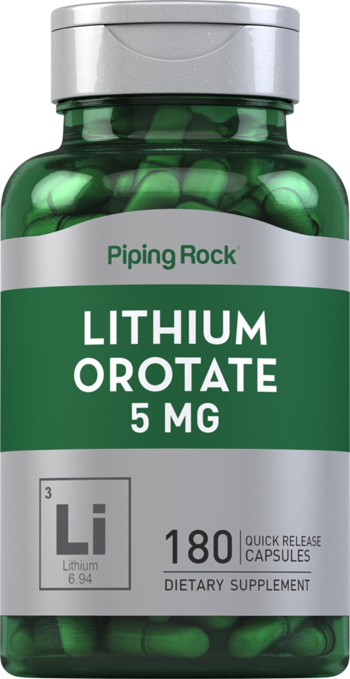 Piping Rock Lithium Orotate supplement bottle and label