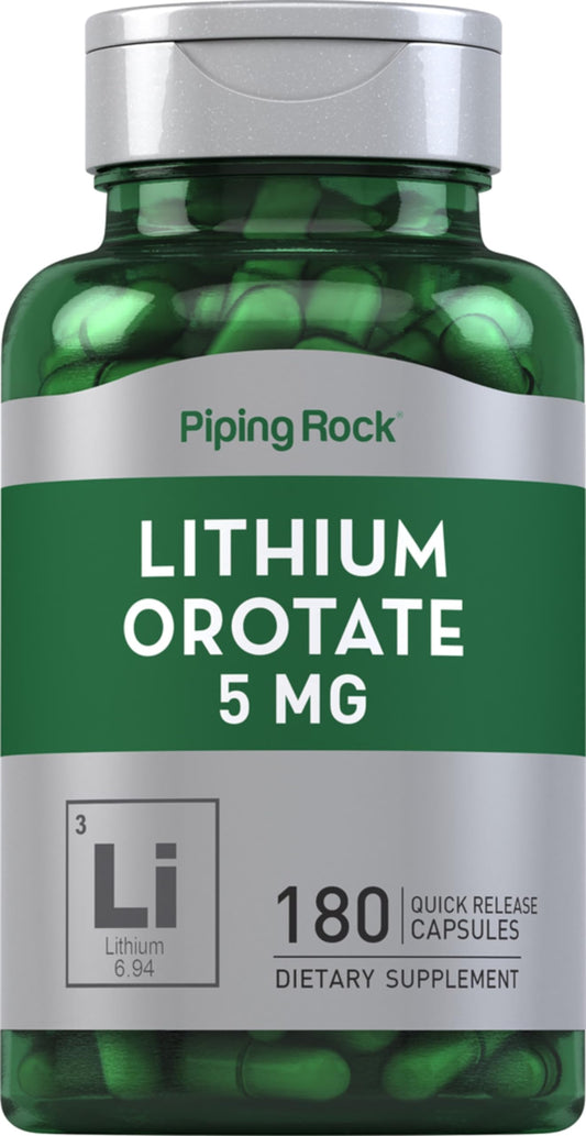 Piping Rock Lithium Orotate supplement bottle and label